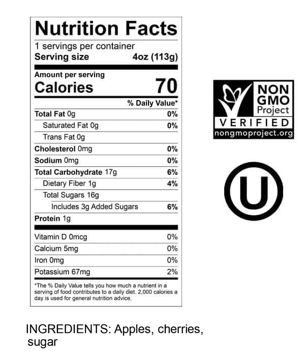 Cherry Apple Sauce 4 OZ. - 4 Pack Cups Nutritionals