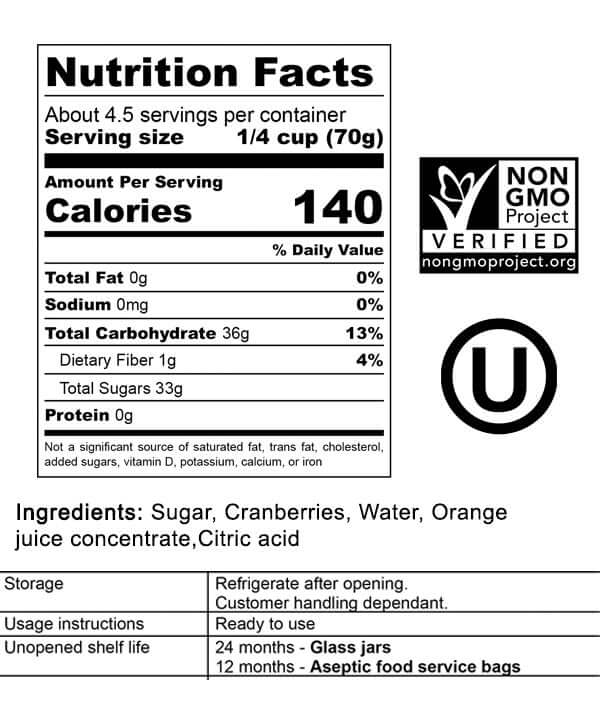 Cranberry Sauce 11 OZ. - 1 Glass Jar Nutritionals