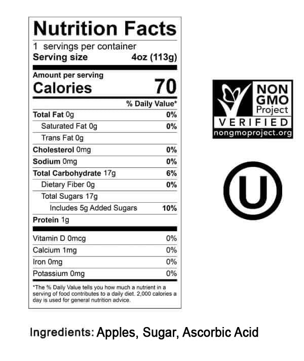 Apple Sauce 4 OZ. - 4 Pack Cups Nutritionals
